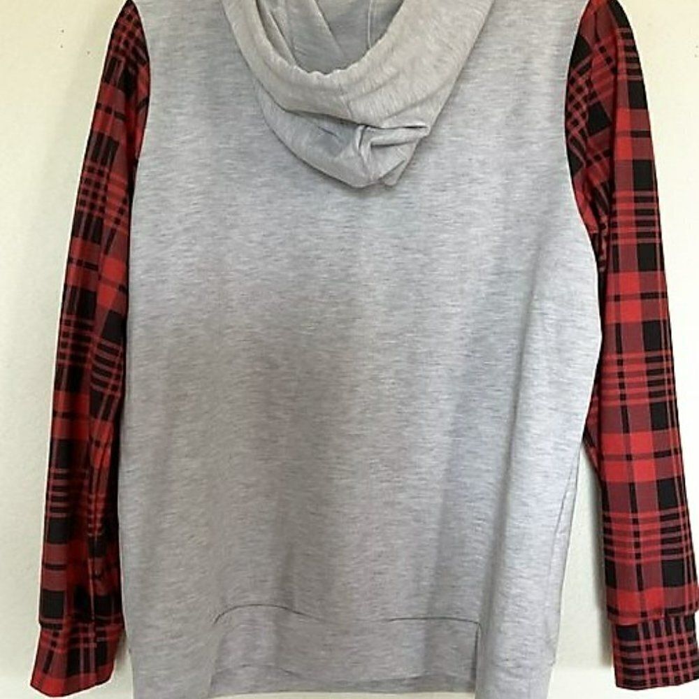 Mama Bear Buffalo Plaid Sleeve Pullover Hoodie Gray L - Picture 6 of 10